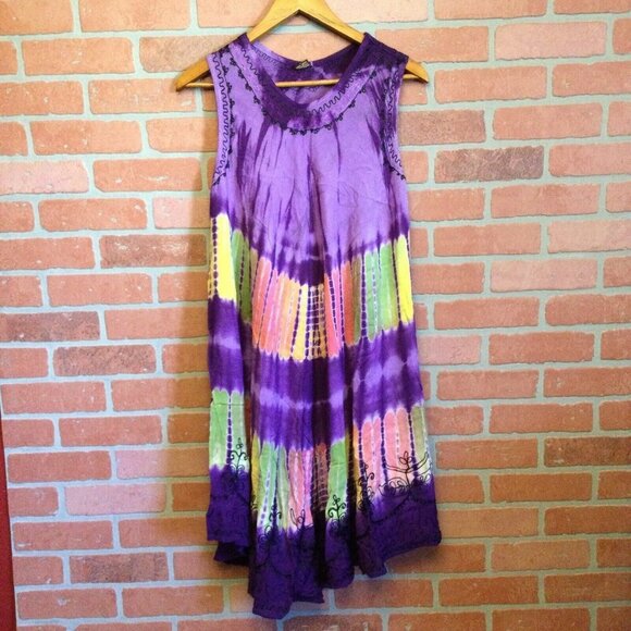 Purple multicolored Tie Dye Embroidered sleeveless Swimsuit Cover dress size 8 - Picture 1 of 5